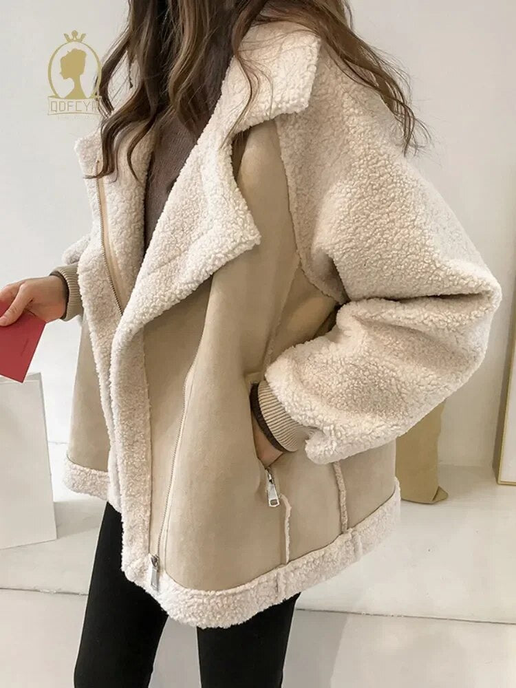 Winter Women's Coats 2023 New Casual Loose Patchwork Outerwear , Vintage Crop Pockets Lambhair Jacket Women