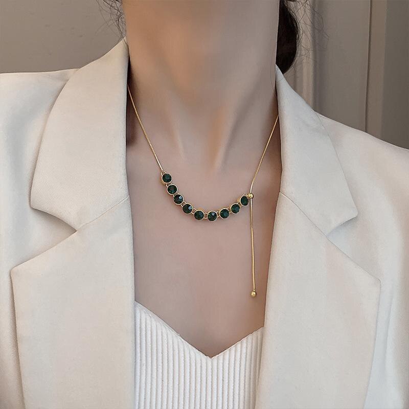 Korean Fashion All-match Green Zircon Necklace for Women Luxury High-end Collarbone Chain Adjustable Pendant Designer Jewelry